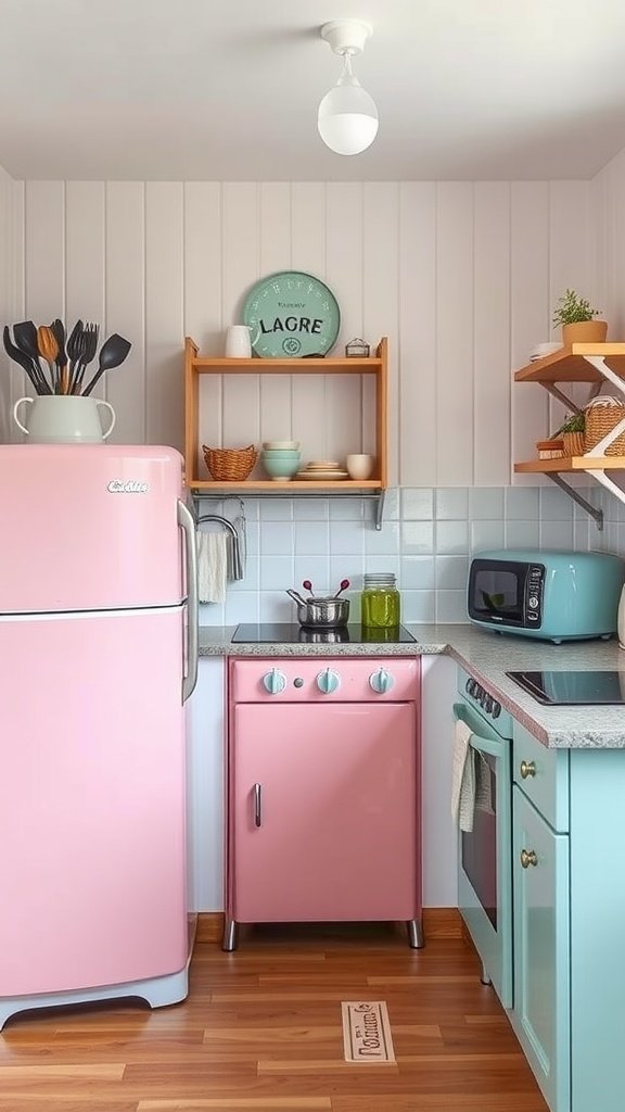 A cozy cottage kitchen featuring vintage pink and blue appliances, wooden shelves, and stylish dishware.