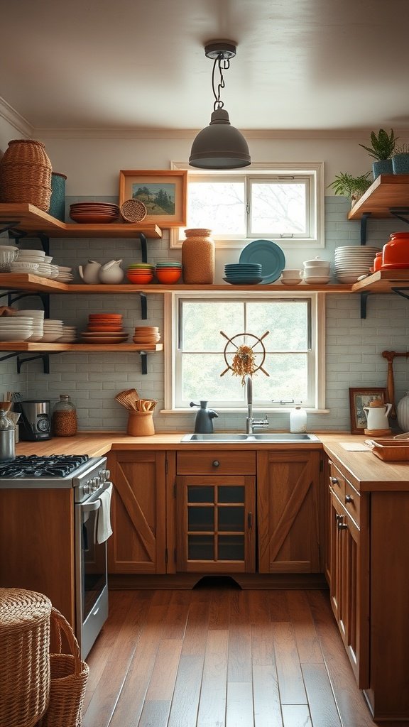 Tiny cottage kitchen with open shelving displaying colorful dishes and plants, creating a cozy atmosphere.
