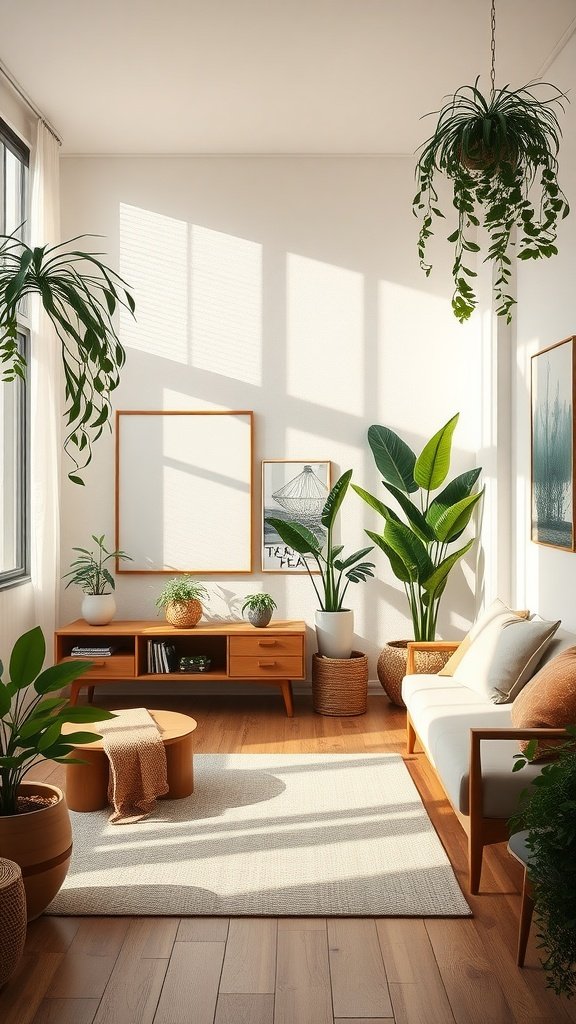 A bright and airy bedroom filled with plants, showcasing natural materials and a cozy design.