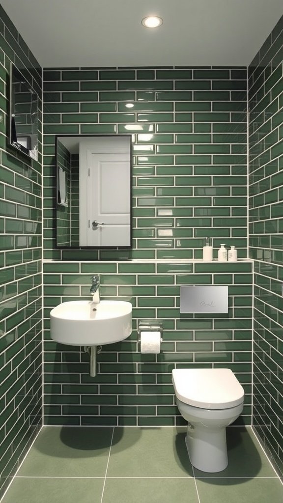 A modern bathroom featuring olive green subway tiles with white accents, including a floating sink and toilet.
