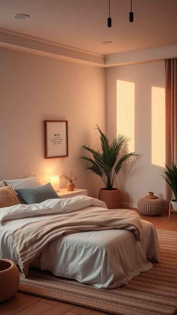 A serene bedroom with natural materials, plants, and warm lighting, showcasing wellness design trends.