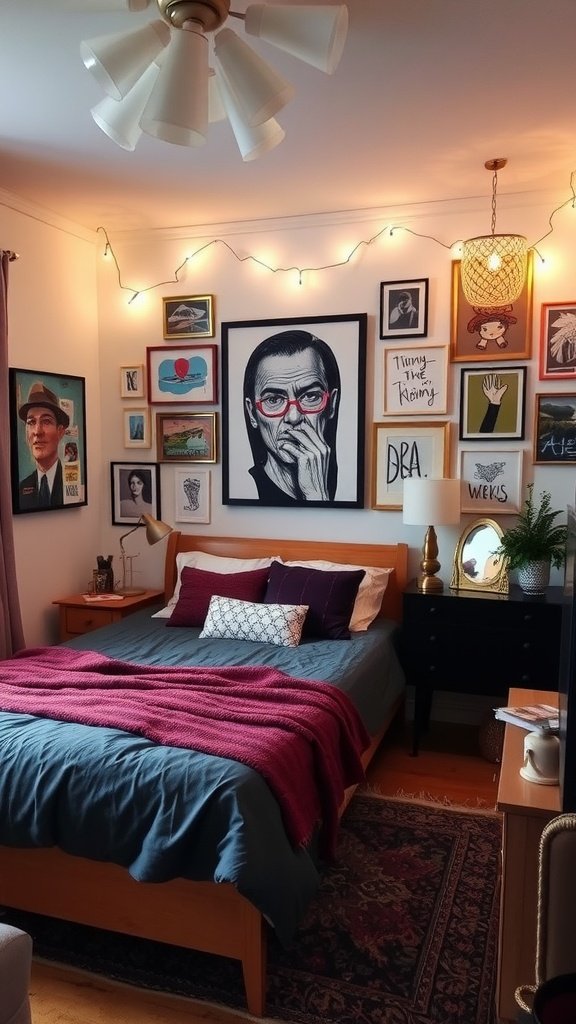 A cozy bedroom featuring a gallery wall of diverse artworks, a bed with a maroon throw blanket, and warm lighting.