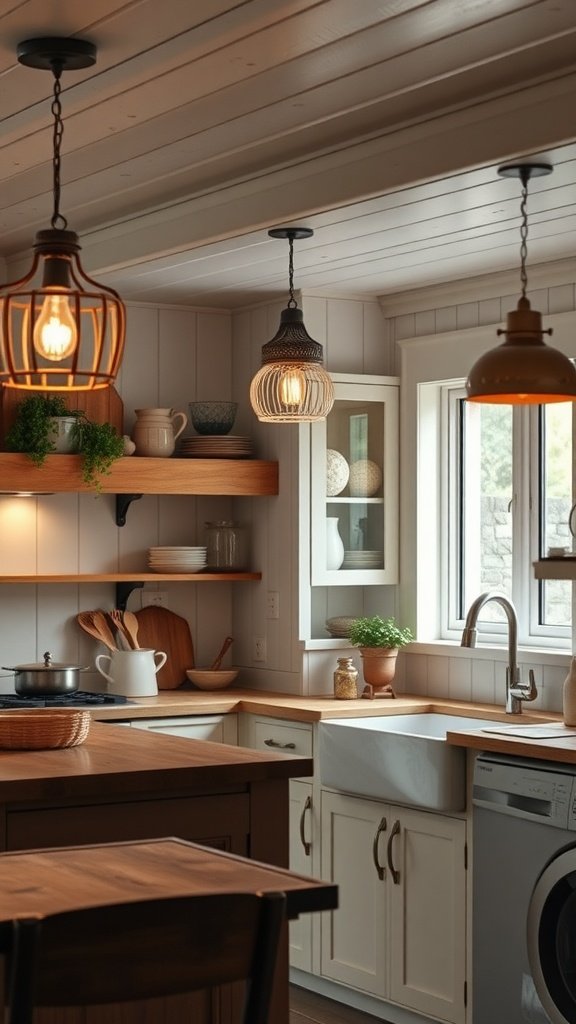 A cozy cottage kitchen featuring innovative lighting with hanging fixtures and natural light.