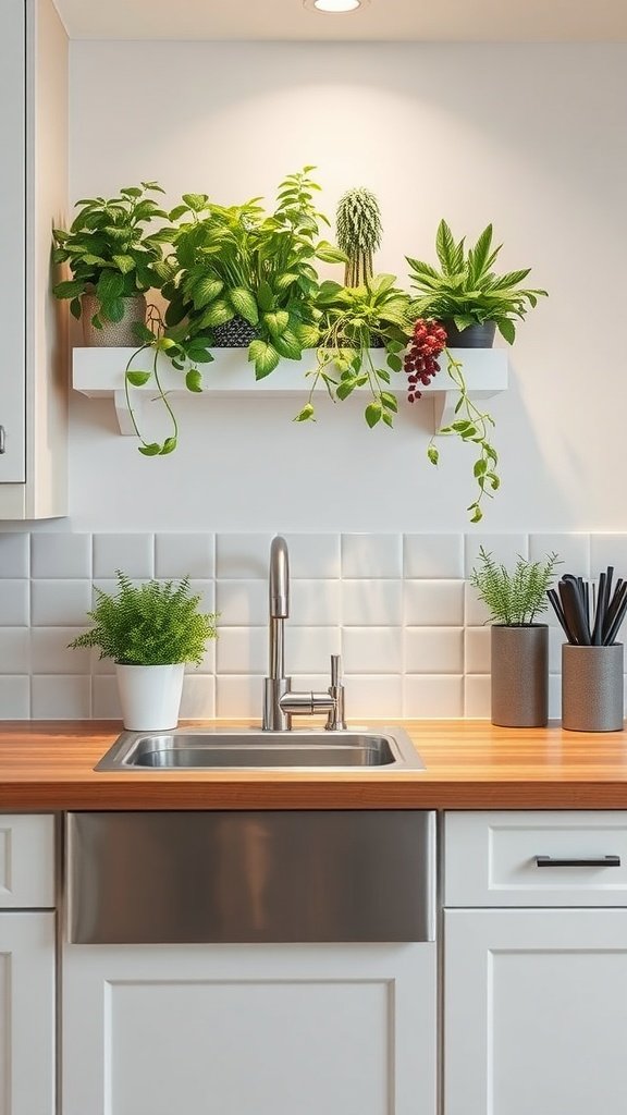 A modern kitchen with an integrated indoor garden featuring various leafy plants above the sink.