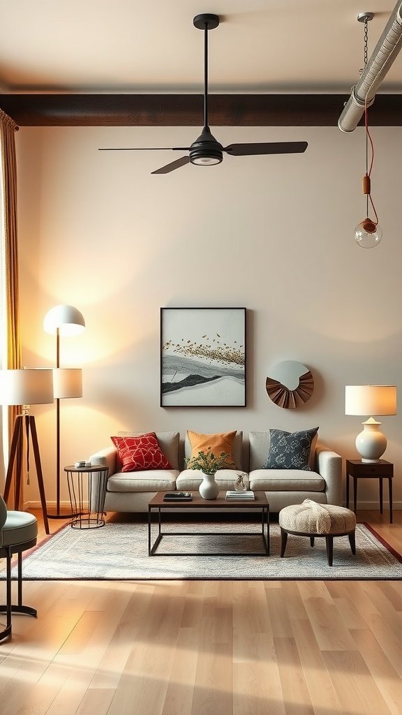 Cozy living room with layered lighting including a ceiling fan, floor lamps, and table lamps