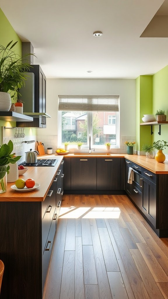A kitchen featuring lime green walls, dark brown cabinets, and wooden countertops with natural light illuminating the space.