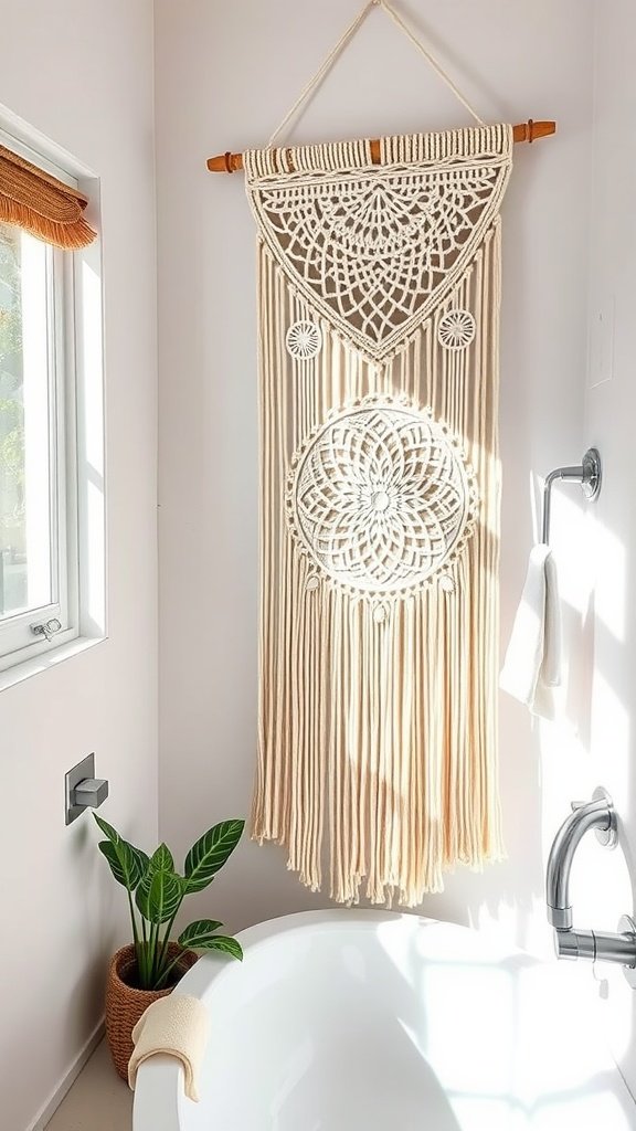 A macrame wall hanging next to a bathtub in a bathroom, enhancing the decor with texture.