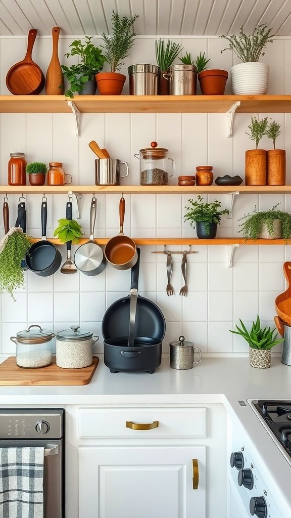 A small kitchen with open wooden shelves filled with pots, plants, and kitchen utensils.