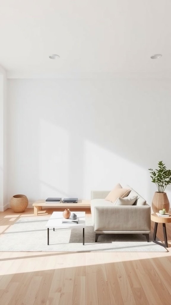 A minimalist living room featuring a light beige sofa, wooden furniture, and a potted plant, creating a serene and simple aesthetic.