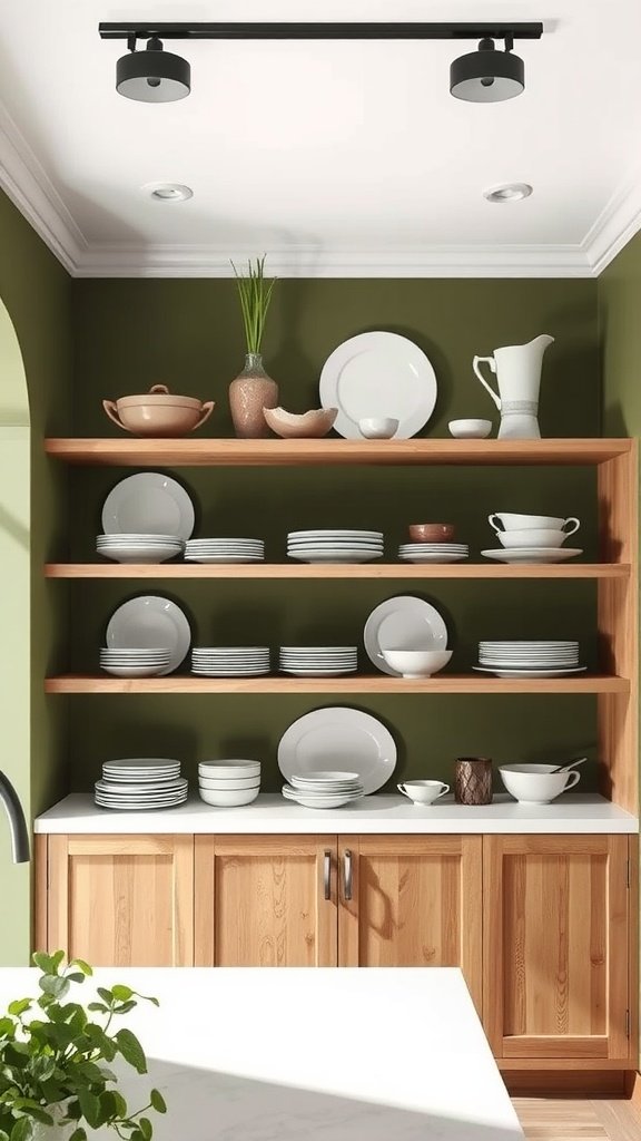 A kitchen featuring moss green walls and light brown open shelving, displaying white plates and decorative items.