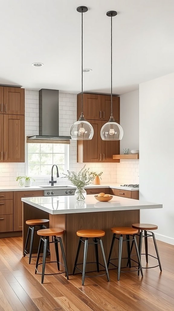 A modern kitchen with a multifunctional island, featuring a sleek countertop and cozy bar stools.