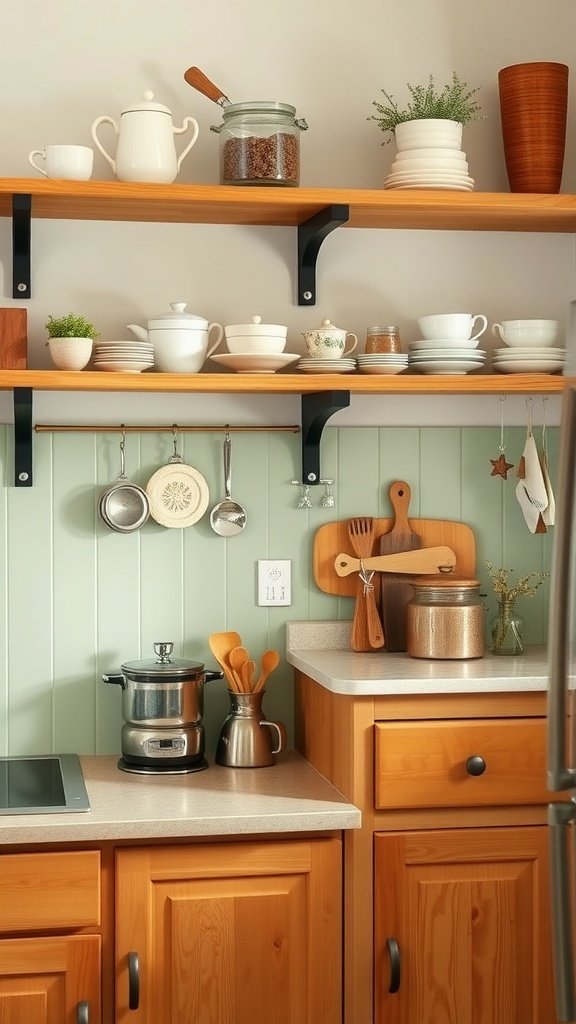 A kitchen corner with a muted green backsplash and warm wood shelving, displaying white dishware and decorative items.