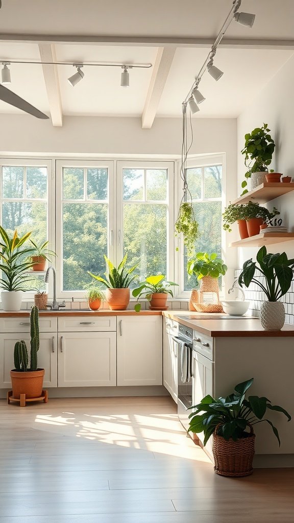 Bright kitchen filled with sunlight, featuring large windows and potted plants