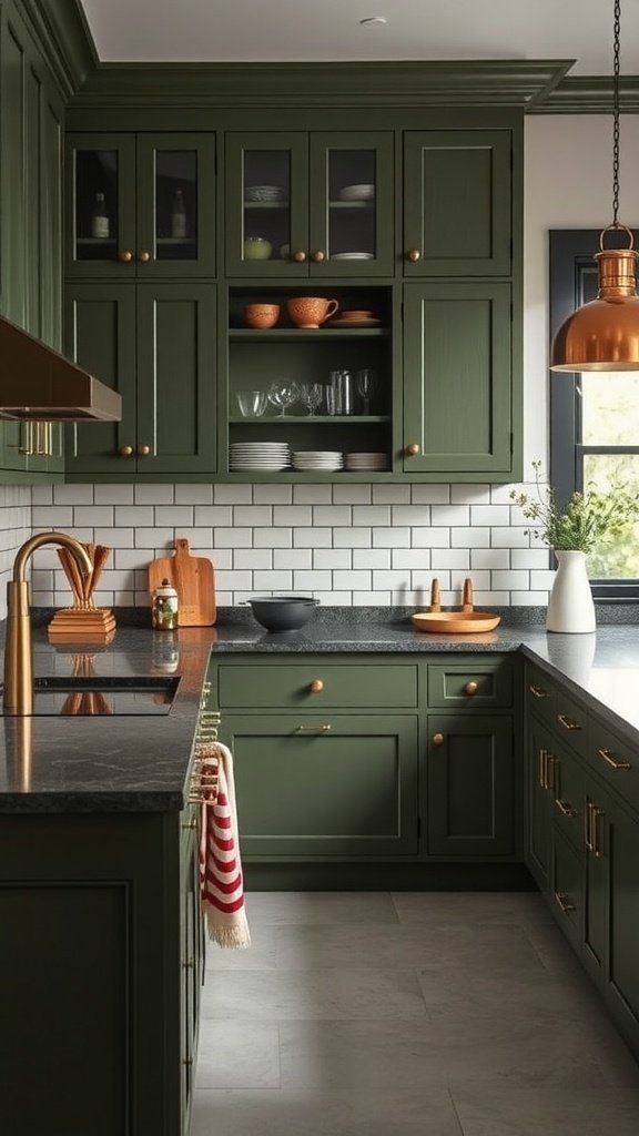 Chic olive green kitchen with brass accents and a modern design.