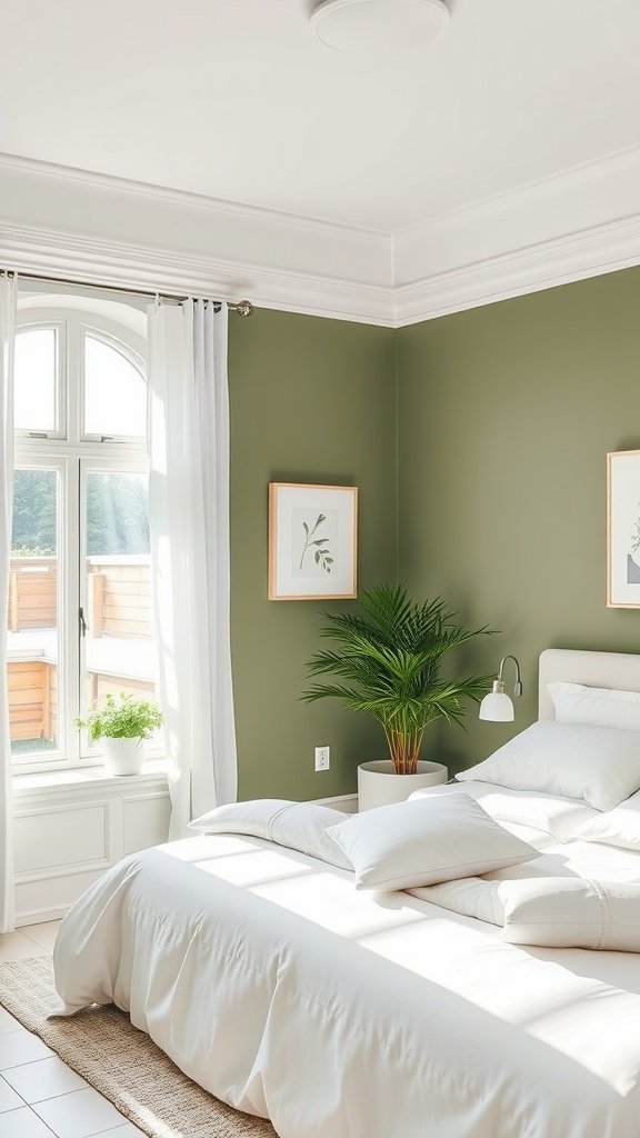 A stylish olive green bedroom with white bedding and light curtains, featuring a potted plant by the window.