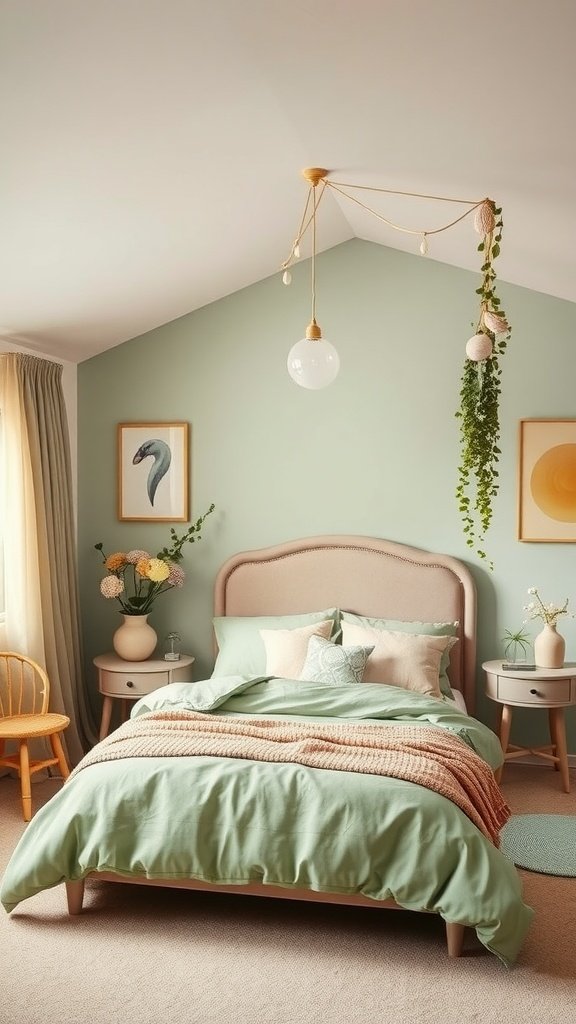 A beautifully designed bedroom featuring olive green walls, soft pastel bedding, and natural decor elements.