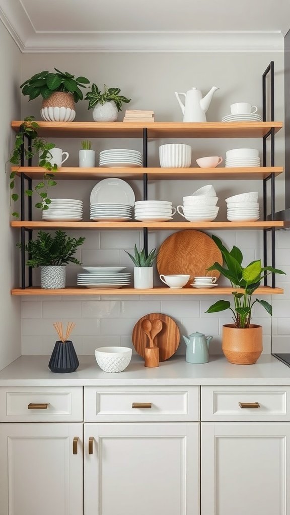 Open shelving in a kitchen displaying dishes and plants.