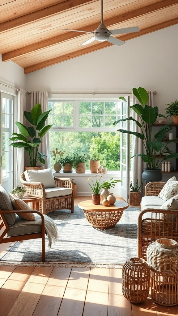 A bright living room with rattan furniture and plants, showcasing an outdoor-inspired decor.