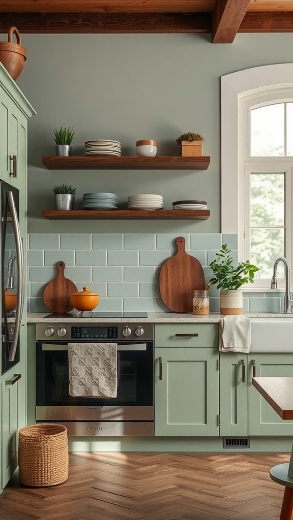 A kitchen with pale green cabinets and brown wooden accents, featuring open shelves with dishes and plants.