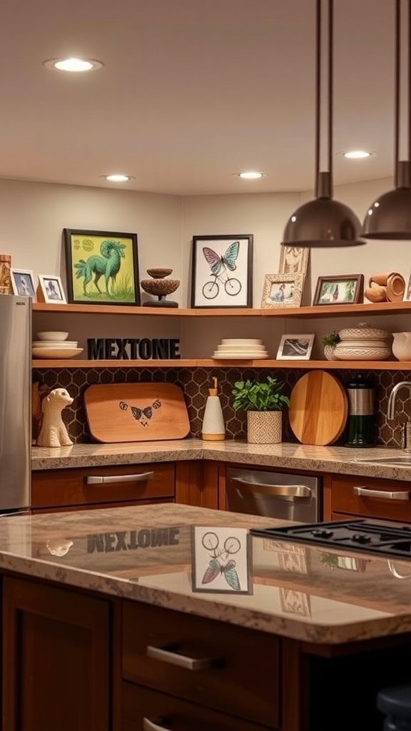 A cozy kitchen with open shelves displaying personal decorations and artwork.