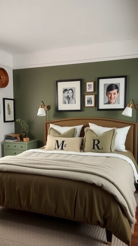 Cozy olive green bedroom with personalized decor, including framed photos and initialed pillows.