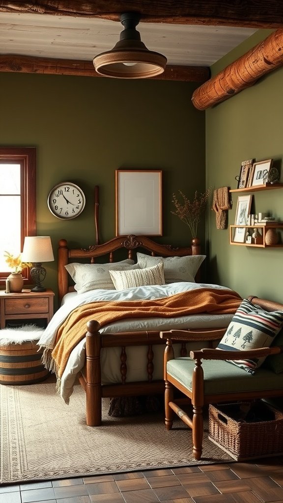 A rustic bedroom decorated in olive green with wooden furniture, cozy bedding, and warm accents.