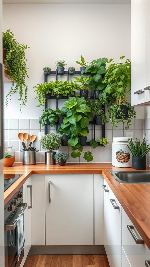 A small kitchen featuring a vertical garden with various plants on a wall-mounted shelf.