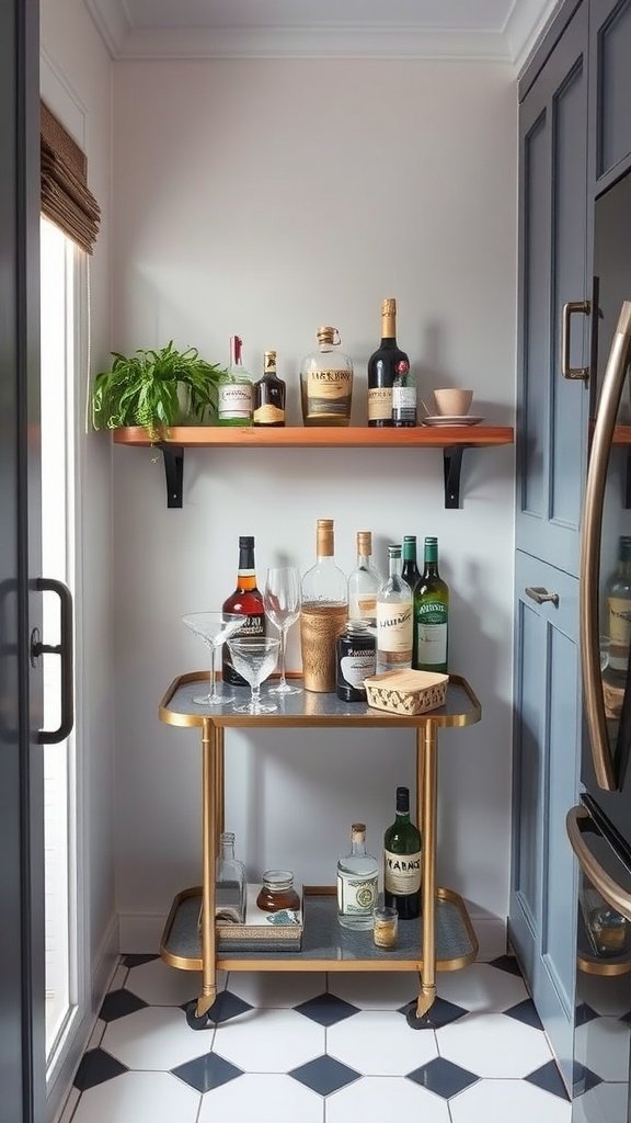 Stylish bar cart in a small kitchen corner with spirits and glassware