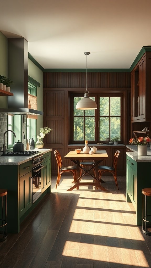 A sunlit kitchen with green cabinets and a dark wood dining area, featuring large windows and stylish decor.