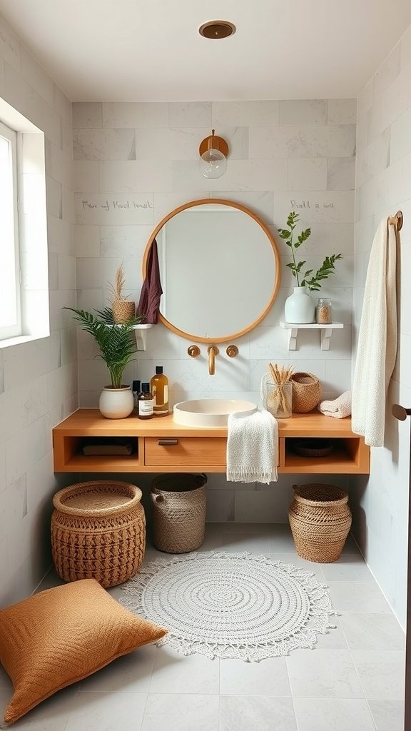 A boho-style bathroom featuring natural wood elements, plants, and woven storage baskets.