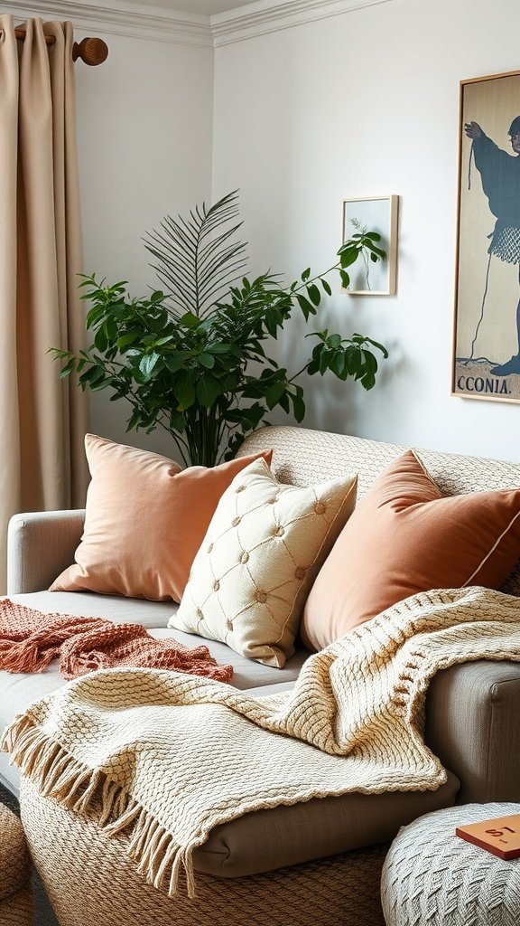 A cozy living room scene featuring a sofa with textured cushions and a knitted throw, complemented by greenery.