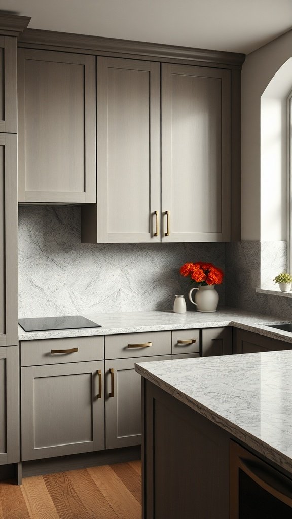 A modern kitchen featuring textured gray cabinets and a marble-like countertop.