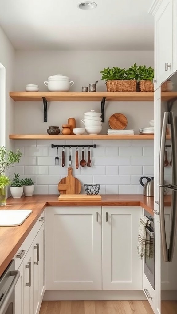 Cozy corner kitchen with open shelving, wooden countertop, and potted plants