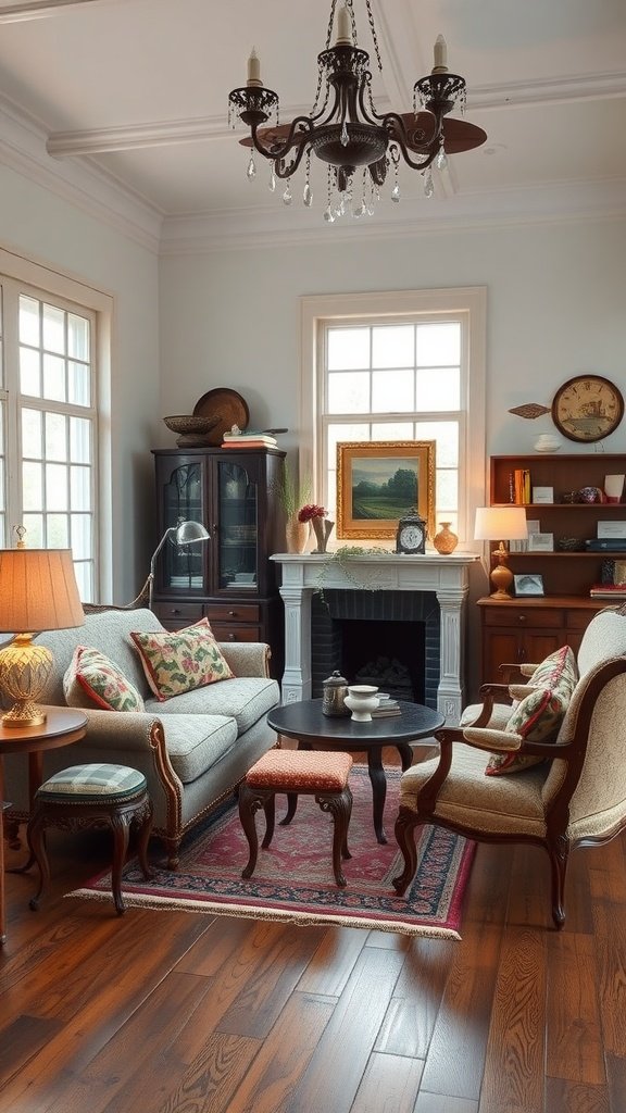 A cozy living room featuring vintage furniture, a chandelier, and warm lighting.