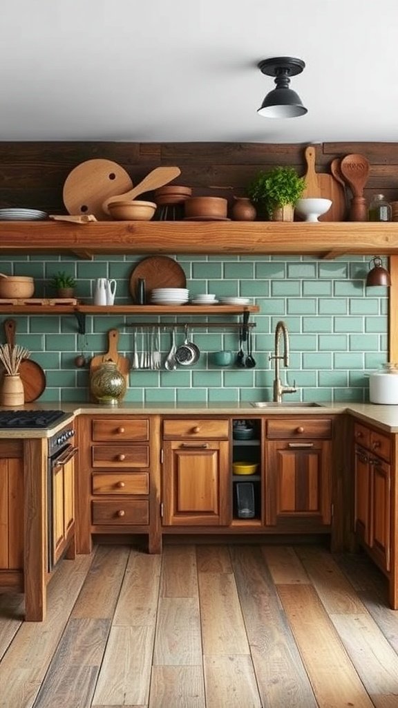 A kitchen featuring vintage green tiles and reclaimed wooden elements.