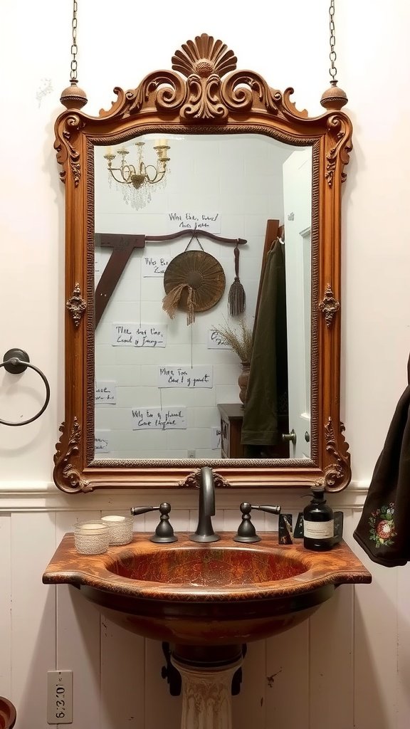 A vintage mirror with an ornate frame above a stylish sink in a bathroom.