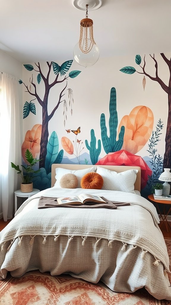 A cozy bedroom with a colorful wall mural featuring trees, cacti, and plants.