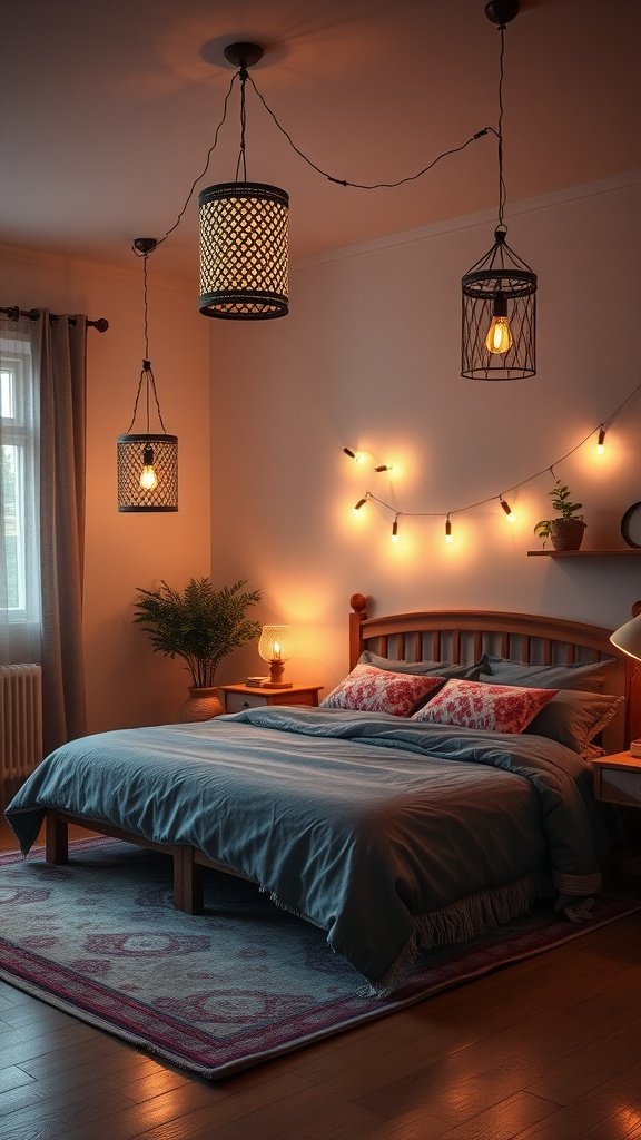 A cozy bohemian bedroom with unique hanging lighting fixtures and warm ambient light.