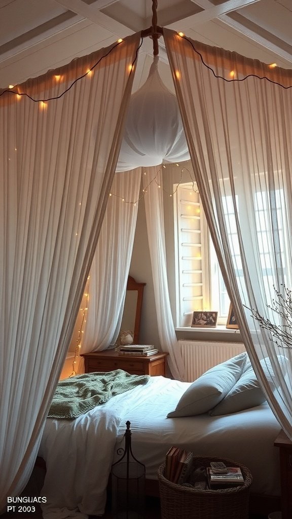 A cozy boho bedroom with a canopy bed, soft curtains, and fairy lights.