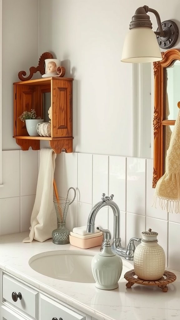 A charming farmhouse bathroom with vintage accessories, including a wooden shelf and decorative jars.