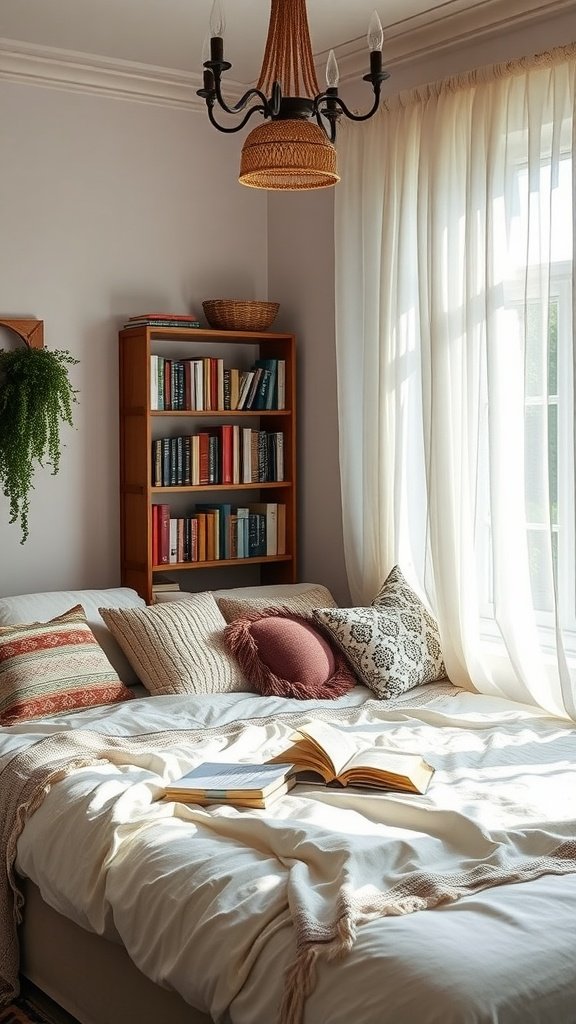 A cozy reading nook featuring a bed with soft pillows, a bookshelf filled with books, and natural light filtering through sheer curtains.