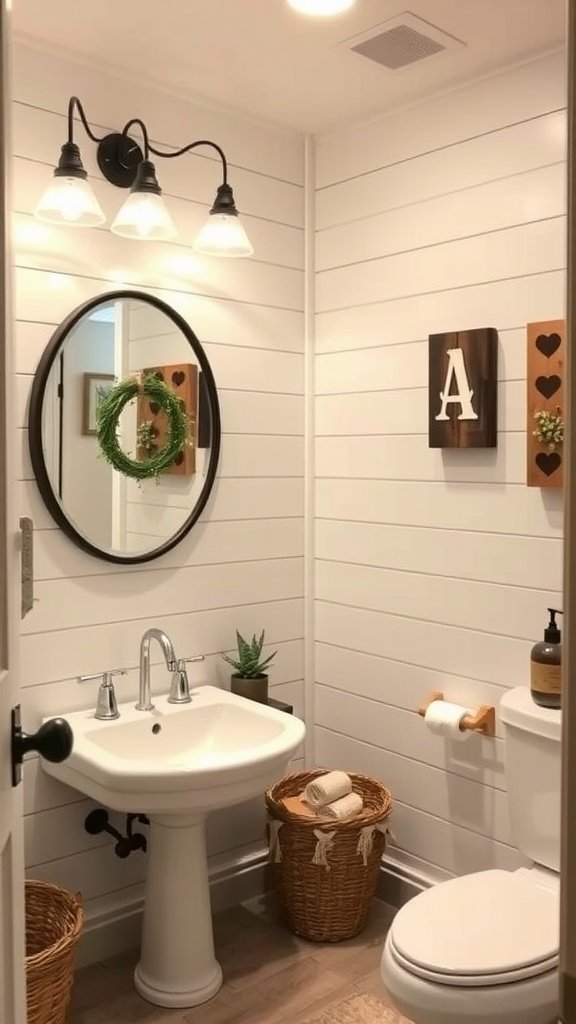 A cozy bathroom featuring shiplap walls, a round mirror, and rustic decor.