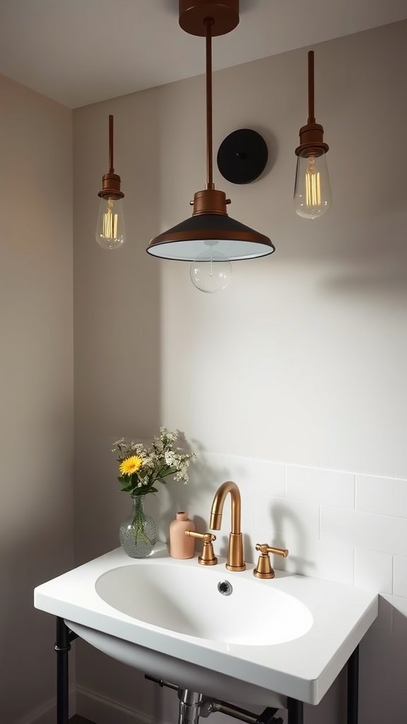 Farmhouse bathroom lighting with pendant lights and a modern sink.