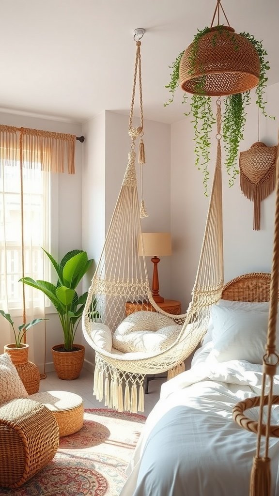 A cozy boho bedroom featuring a hammock chair, plants, and warm decor.