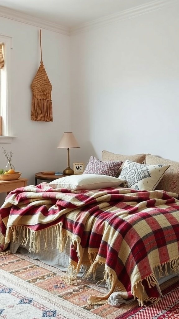 A cozy boho bedroom with a layered bed featuring a plaid blanket and decorative pillows, complemented by a macramé wall hanging.