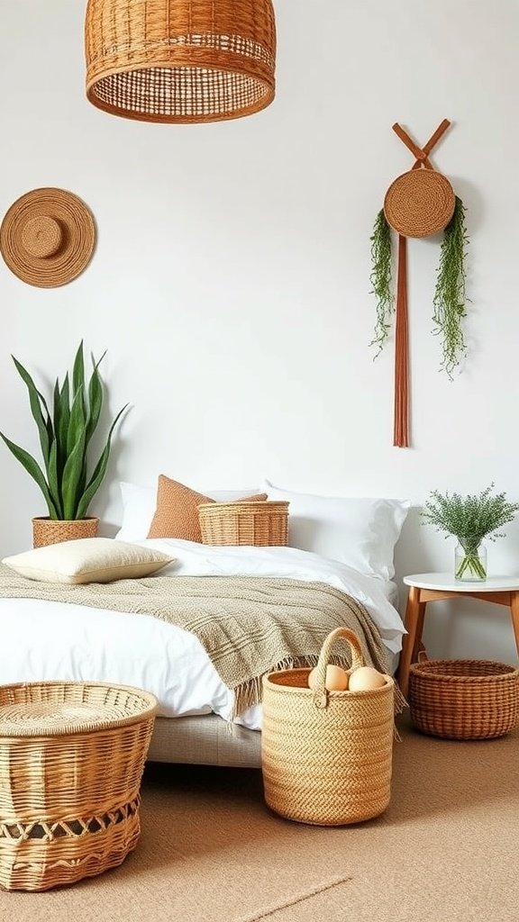 A cozy boho bedroom featuring woven baskets for storage, a plant, and a comfortable bed.