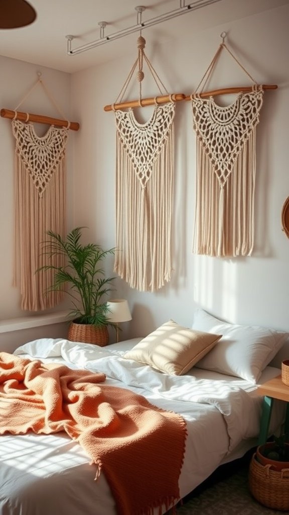 A cozy boho bedroom featuring macrame wall hangings, a bed with white linens and an orange throw blanket, and a plant in a woven basket.
