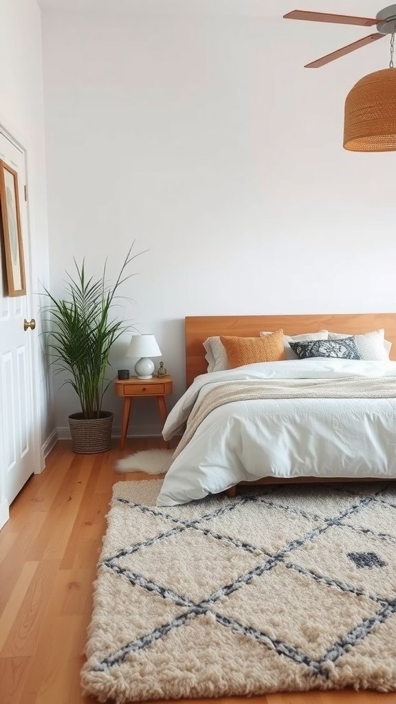 A cozy boho bedroom featuring a textured rug, wooden furniture, and soft bedding.