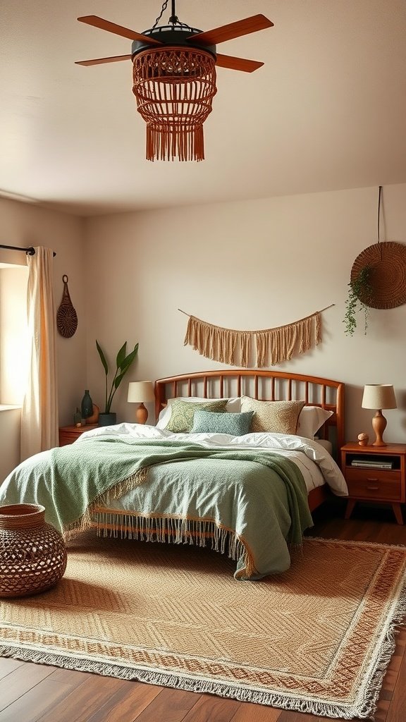 A cozy boho bedroom featuring an earthy color palette with green and brown tones, a wooden bed, and natural decor elements.