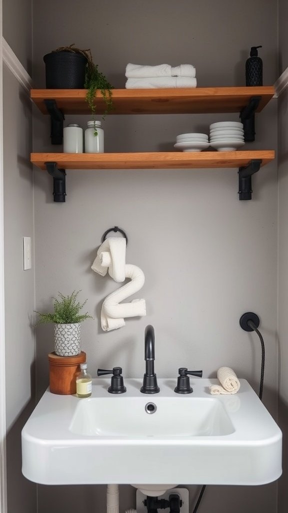 A farmhouse bathroom featuring industrial pipe accents with wooden shelves and a modern sink.
